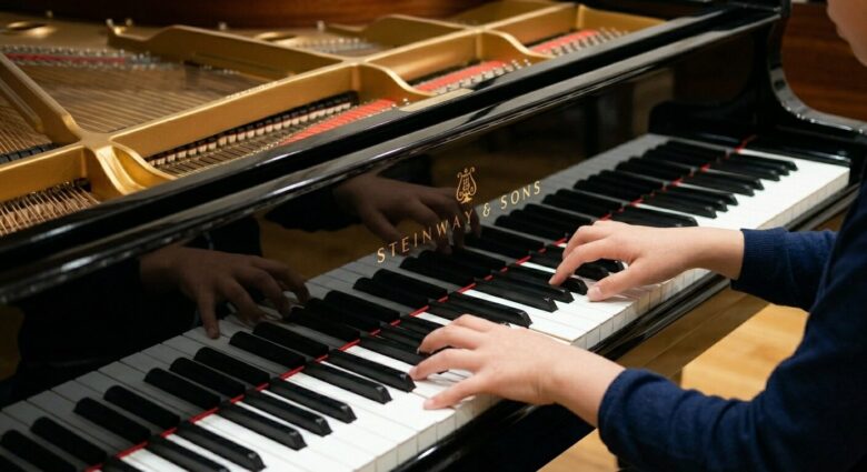 朝霞市（三原、泉水、東弁財、西弁済）と新座市（東、野火止、東北）の境界に位置するSUMIピアノ教室、舞台で美しく輝くスタインウェイを、自然なフォームの両手で演奏している様子